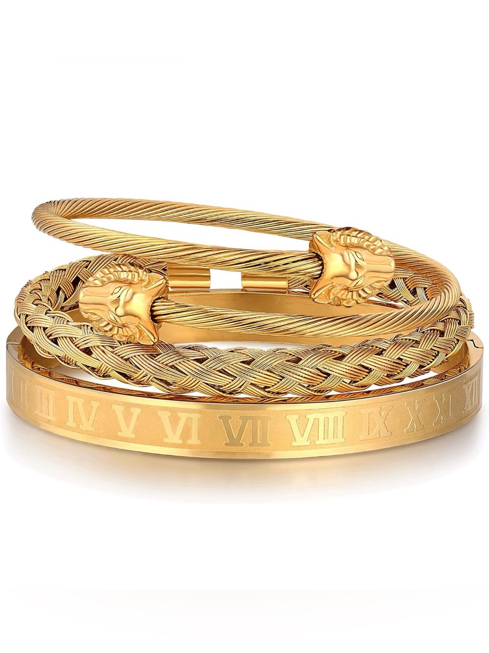 18k Gold plated Lion Head Stackable Bracelet Set - Men Jewelry